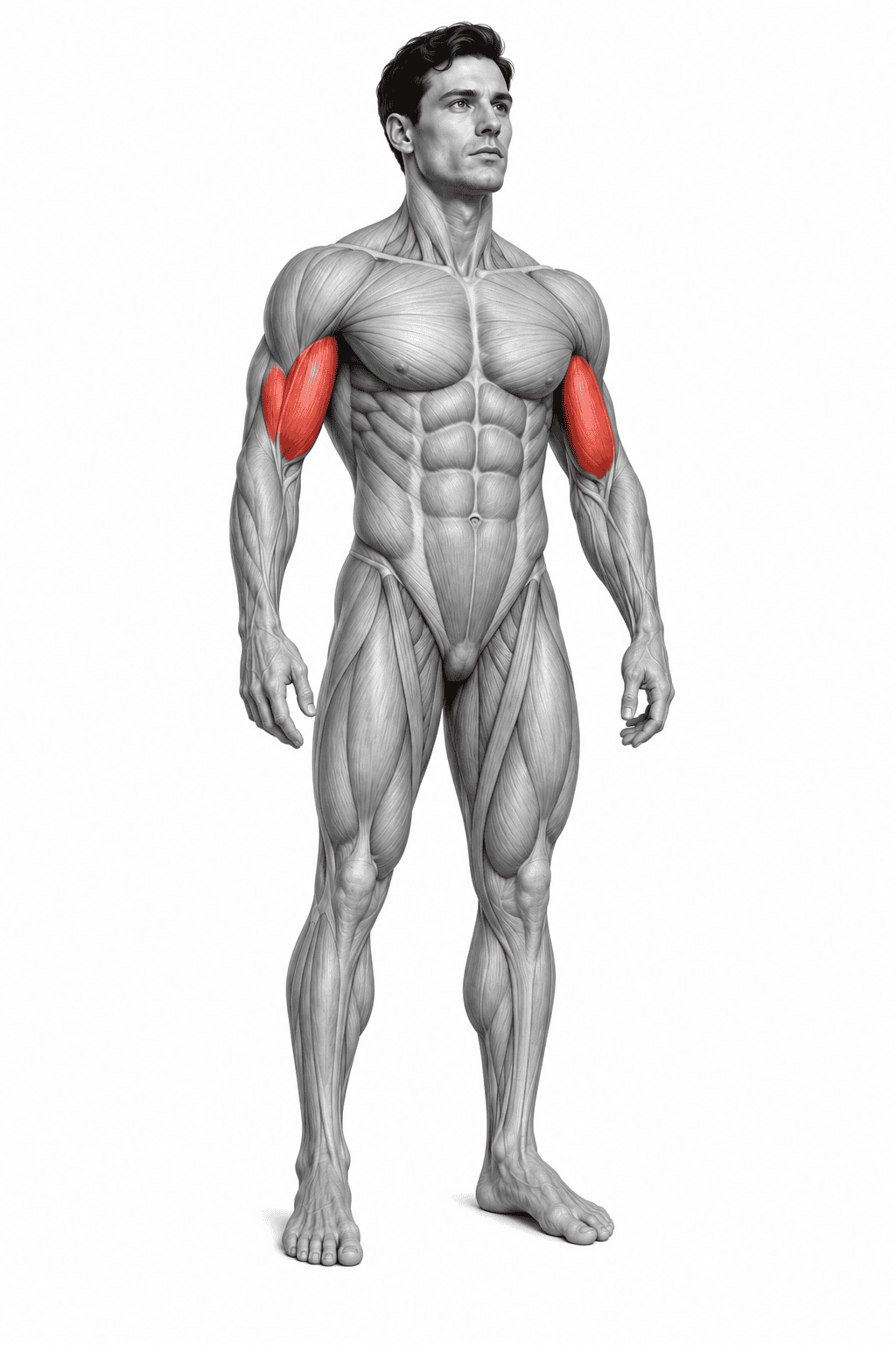 Front view of a muscular male human body with highlighted biceps muscles in red.