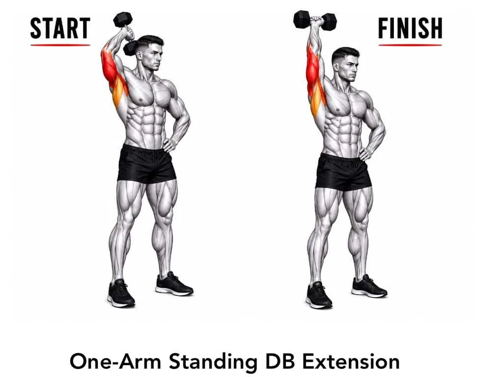 Illustration showing the start and finish positions for a one-arm standing dumbbell extension exercise, highlighting muscle engagement in the arm and shoulder.