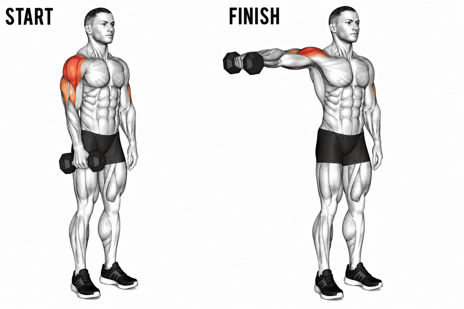Diagram showing a man performing a single lateral raise. The image has two parts: the 'Start' position where he is holding weights at his sides, and the 'Finish' position with arms extended outward, highlighting the deltoid muscles worked.