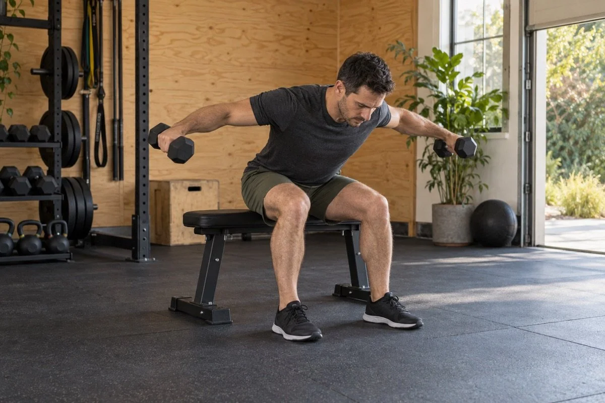 Man performing a seated bent-over dumbbell reverse fly in a garage home gym.