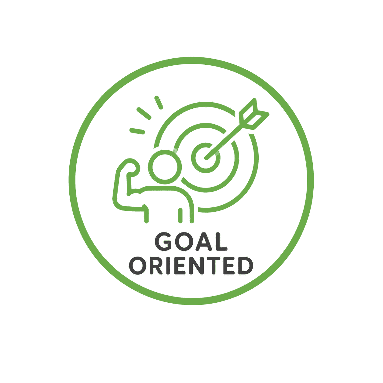 Green circular badge with a line drawing of a person flexing their arm near a target with an arrow hitting the bullseye, and the words 'Goal Oriented' underneath.