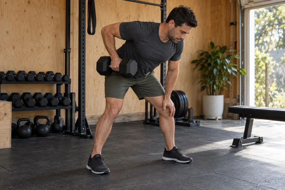 Man performing a one-arm dumbbell row with his free hand supported on his thigh.