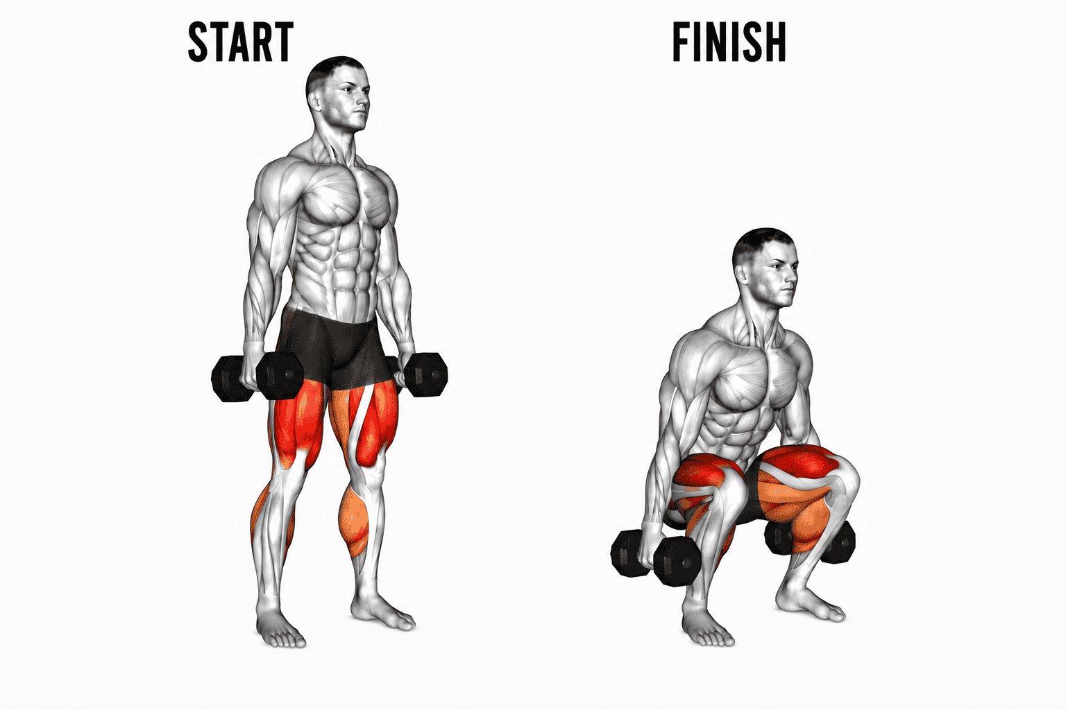 Diagram of a muscular man with a neutral expression performing a dumbbell squat. The man's muscles are highlighted in red and orange in both positions.