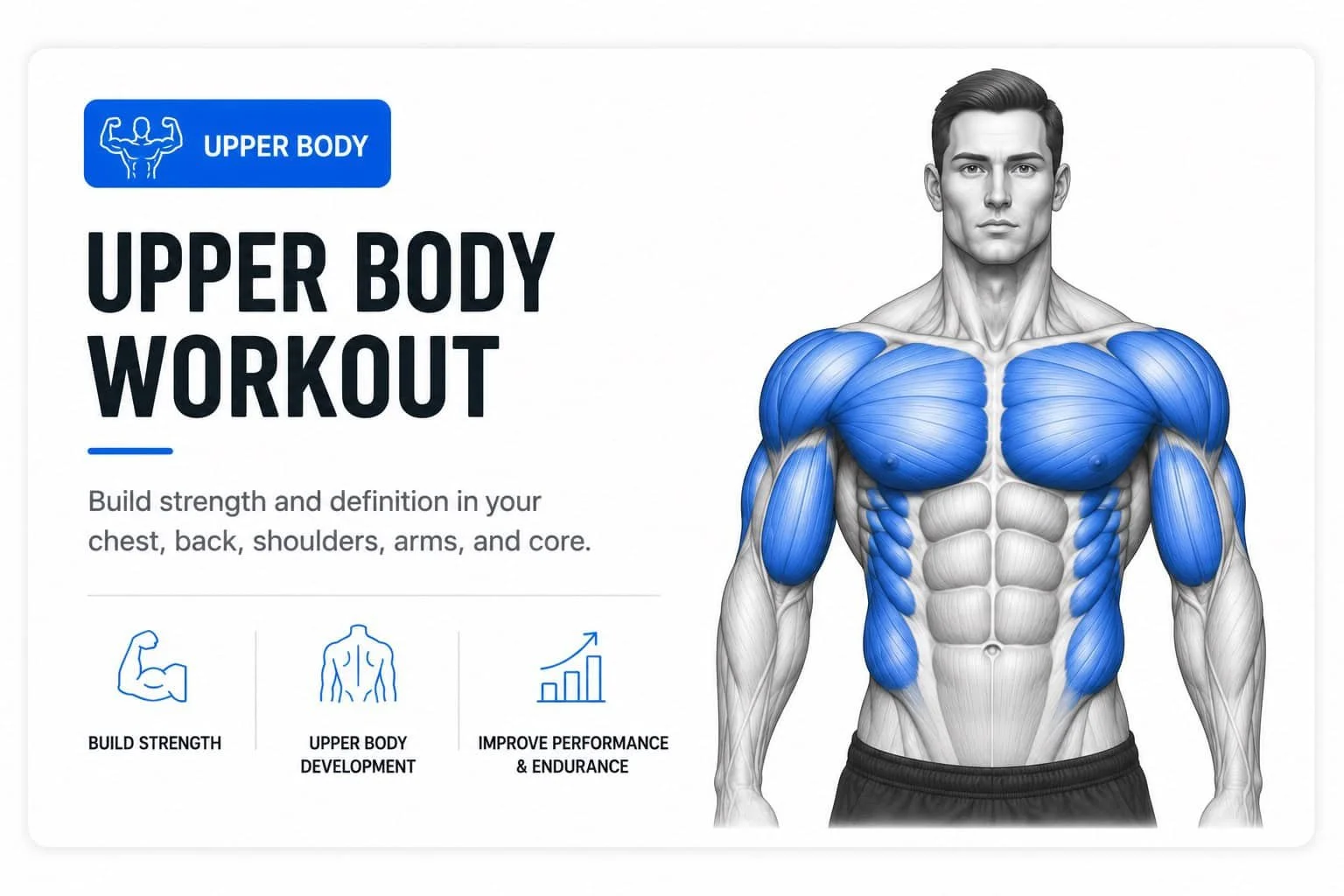 Diagram of a muscular male torso highlighting the upper body muscles with text promoting upper body workout for strength and development.