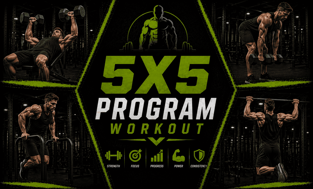 5×5 workout program illustration featuring dumbbell presses, Romanian deadlifts, dips and pull-ups