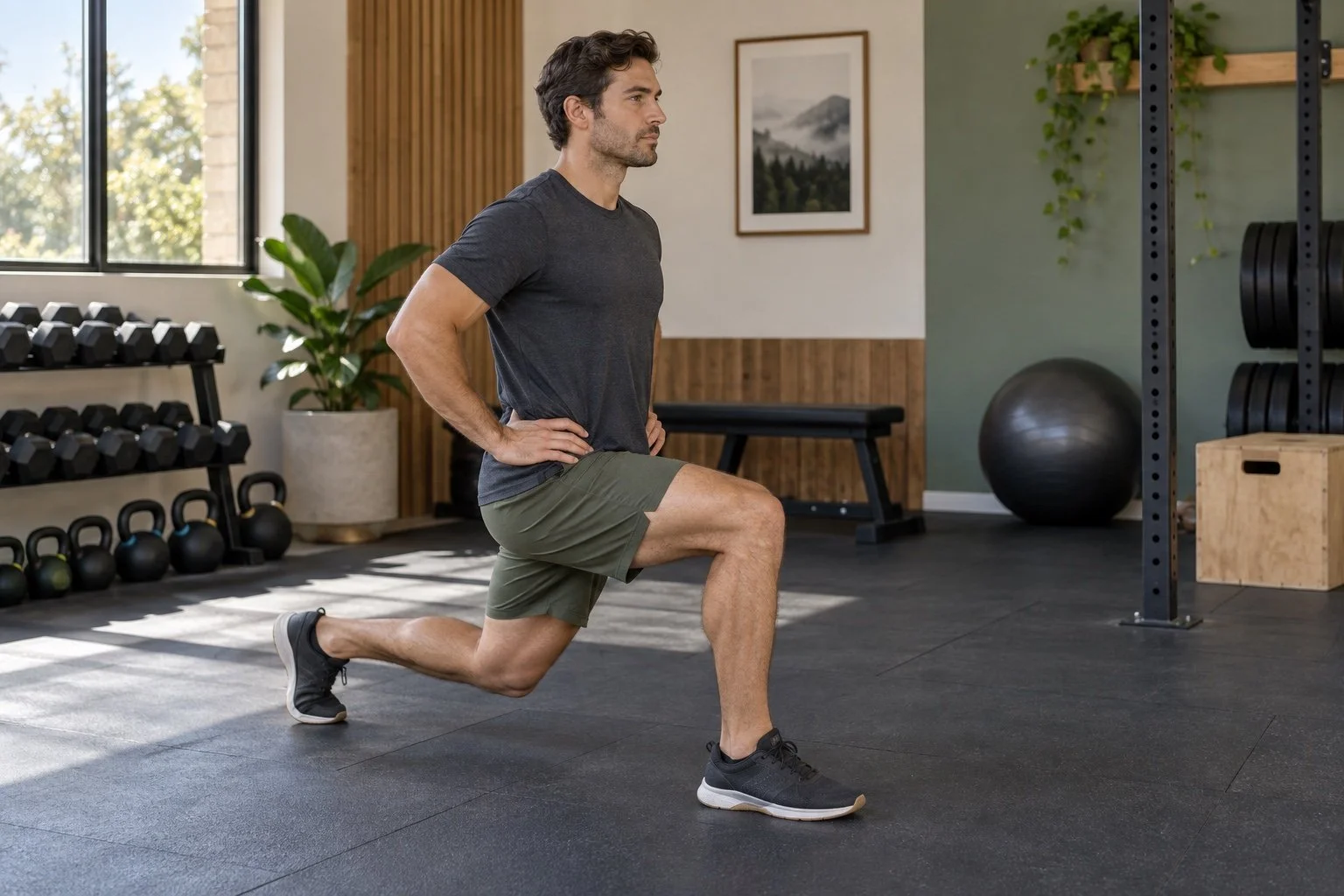 Man performing a controlled bodyweight reverse lunge with hands on hips