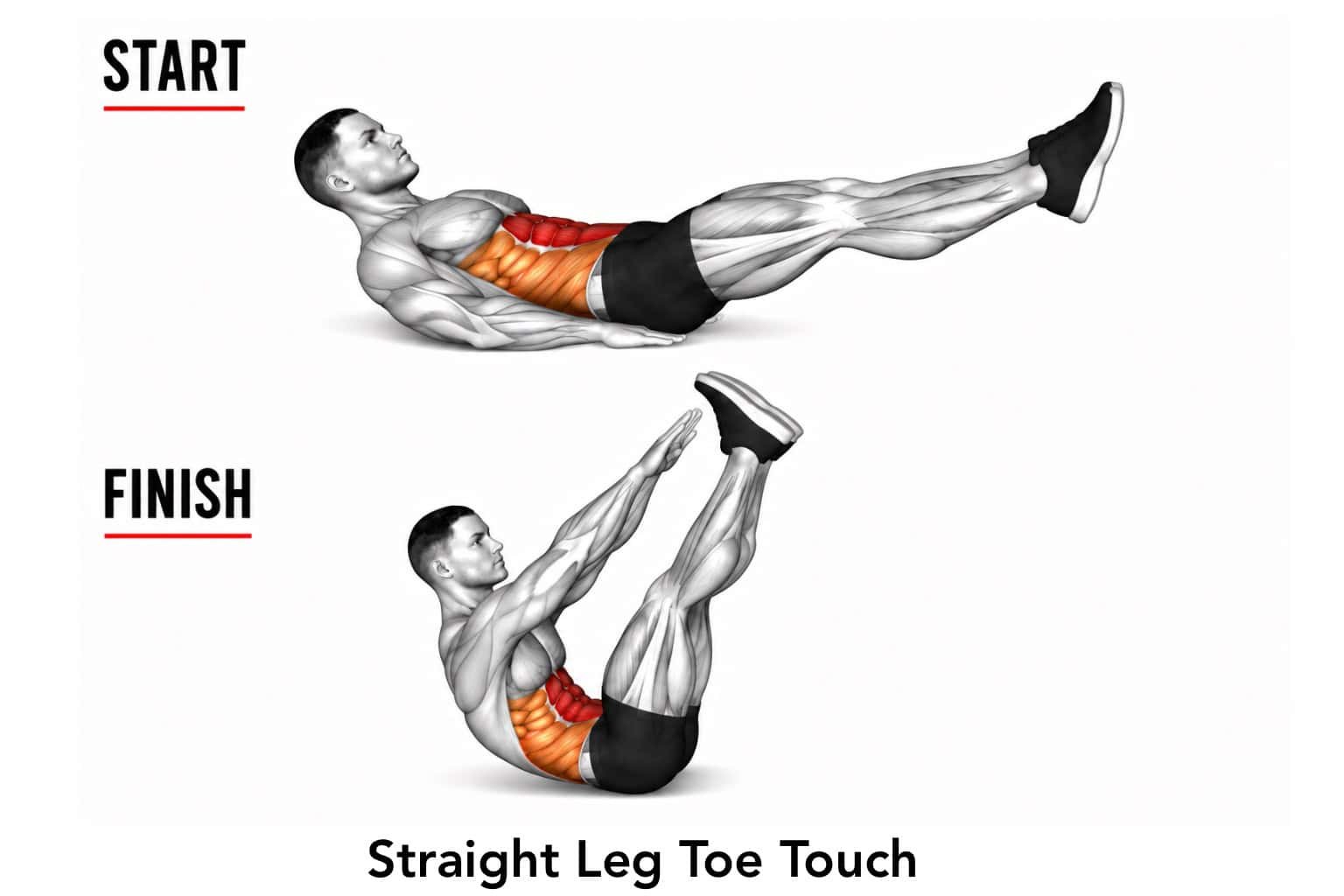 Illustration of a man doing a straight leg toe touch exercise, showing the starting position at the top with legs extended and reaching toward the toes, and the finishing position at the bottom with arms and legs extended, highlighting abdominal muscles.