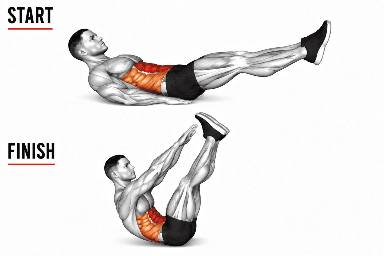 An illustration of a man performing straight let toe touch. The sequence shows the transition from the starting position to the finish, where the man has raised his legs and torso higher into the air.