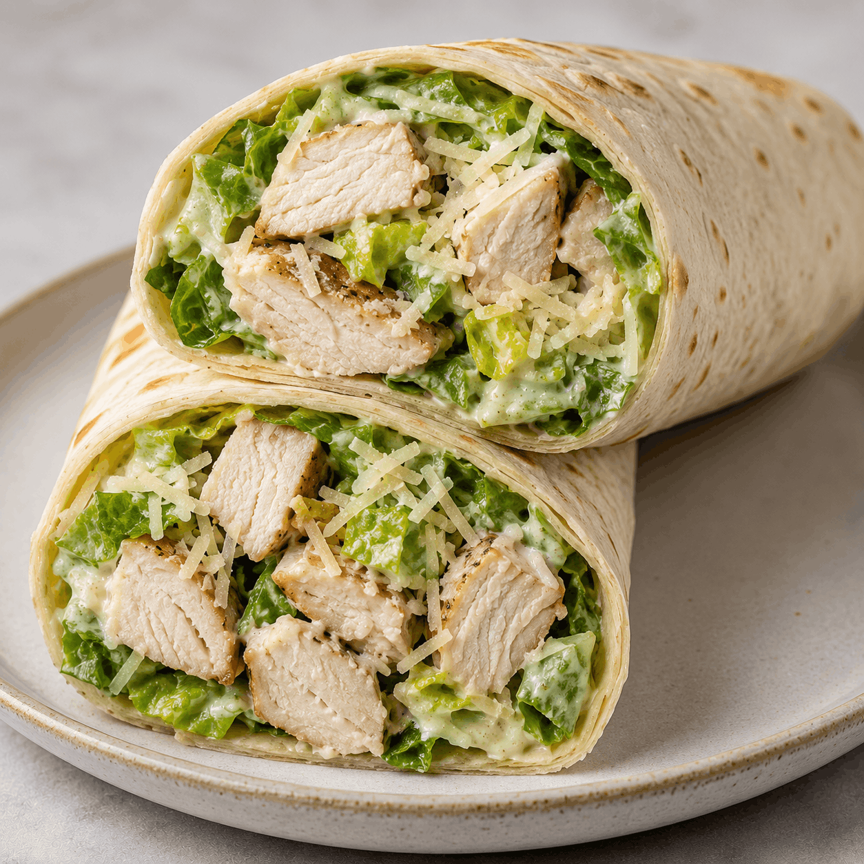 Grilled chicken Caesar wrap with crisp romaine lettuce served as a healthy high-protein meal.