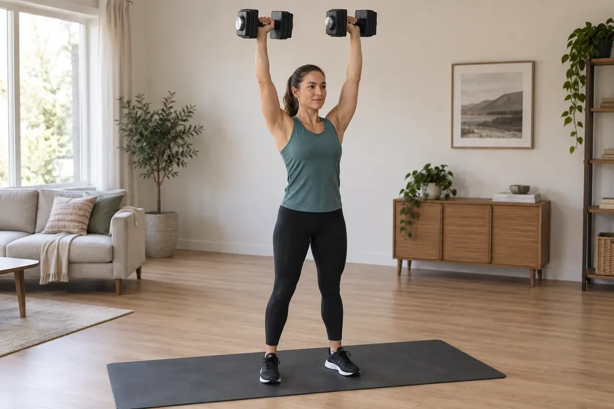 Woman pressing two adjustable dumbbells overhead while standing.
