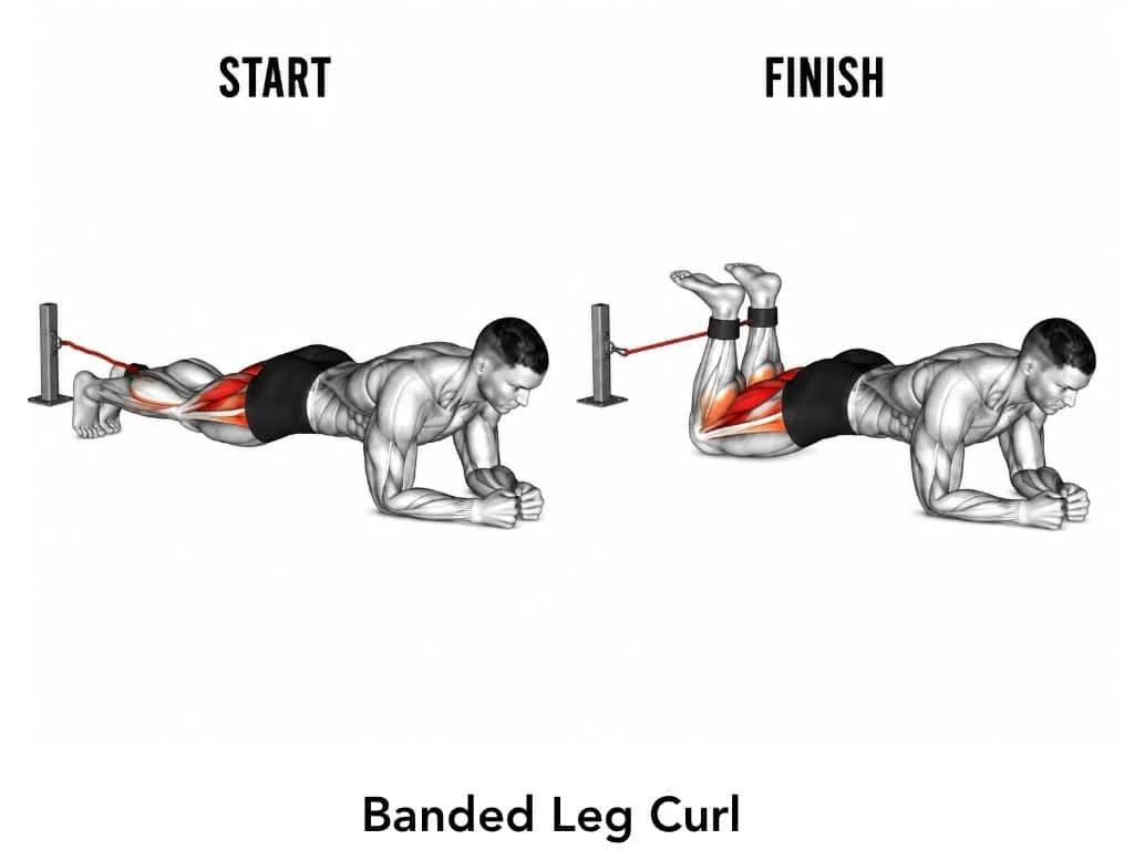 Illustration of a man performing a banded leg curl exercise, starting in a prone position with resistance bands attached to the ankles, lying flat on his stomach, then curling the legs upward at the knees to finish the movement.