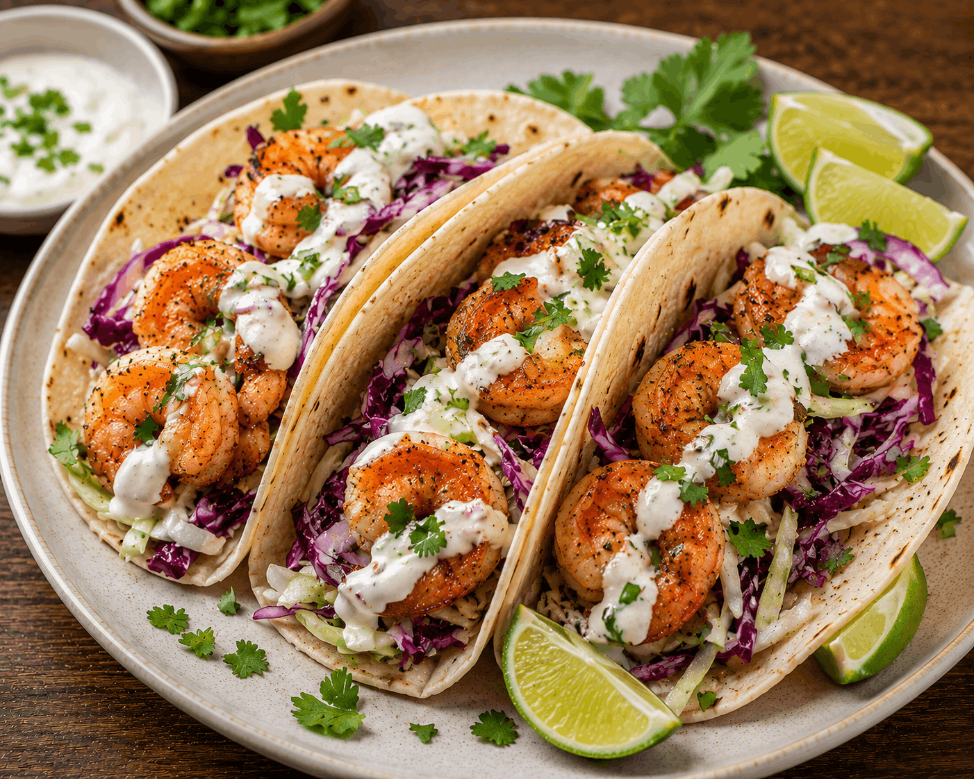 Shrimp tacos with fresh toppings served as a healthy high-protein meal.
