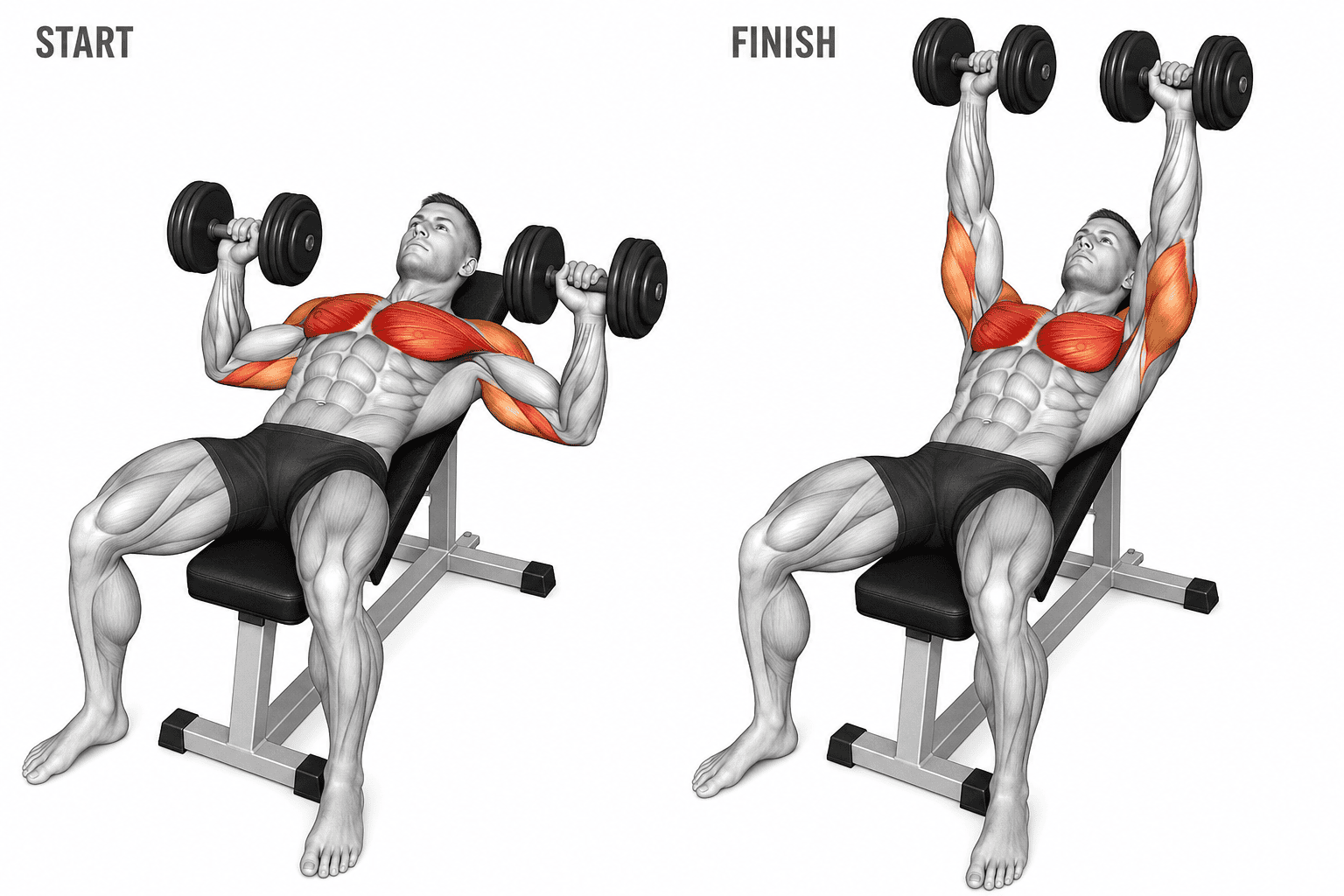 Diagram of a man performing a dumbbell shoulder press exercise on a seated workout bench, showing start and finish positions, highlighting the shoulder muscles worked.