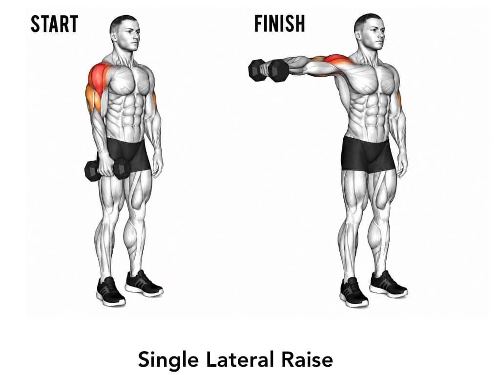 Illustration of a man demonstrating a single lateral raise exercise, with start and finish positions shown. In the start position, the man is holding dumbbells at his sides. In the finish position, he is lifting a dumbbell to shoulder height, with his arm extended outward and parallel to the ground, targeting the shoulder muscles.