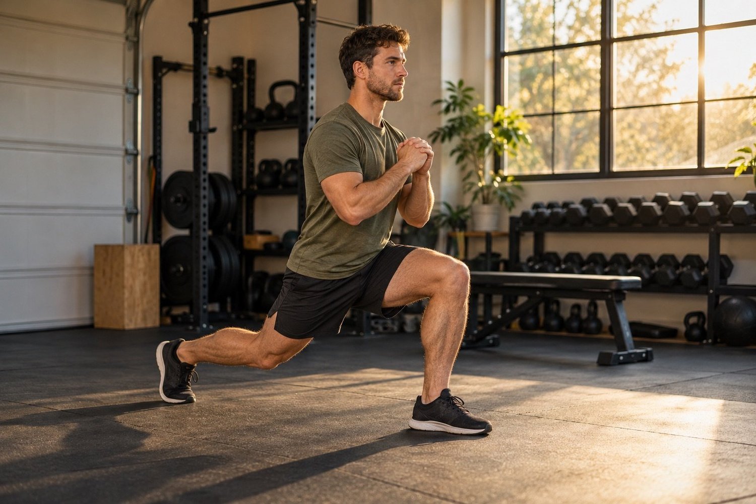 Man performing a bodyweight split squat with both feet on the floor in a home gym