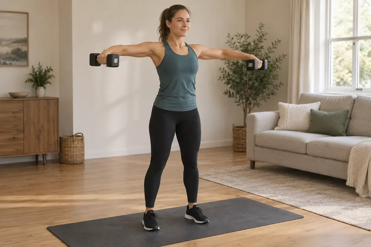 Woman raising two light dumbbells out to her sides.
