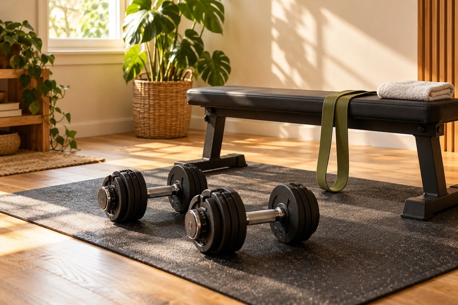 Adjustable dumbbells, a flat bench and a loop resistance band in a sunlit home gym