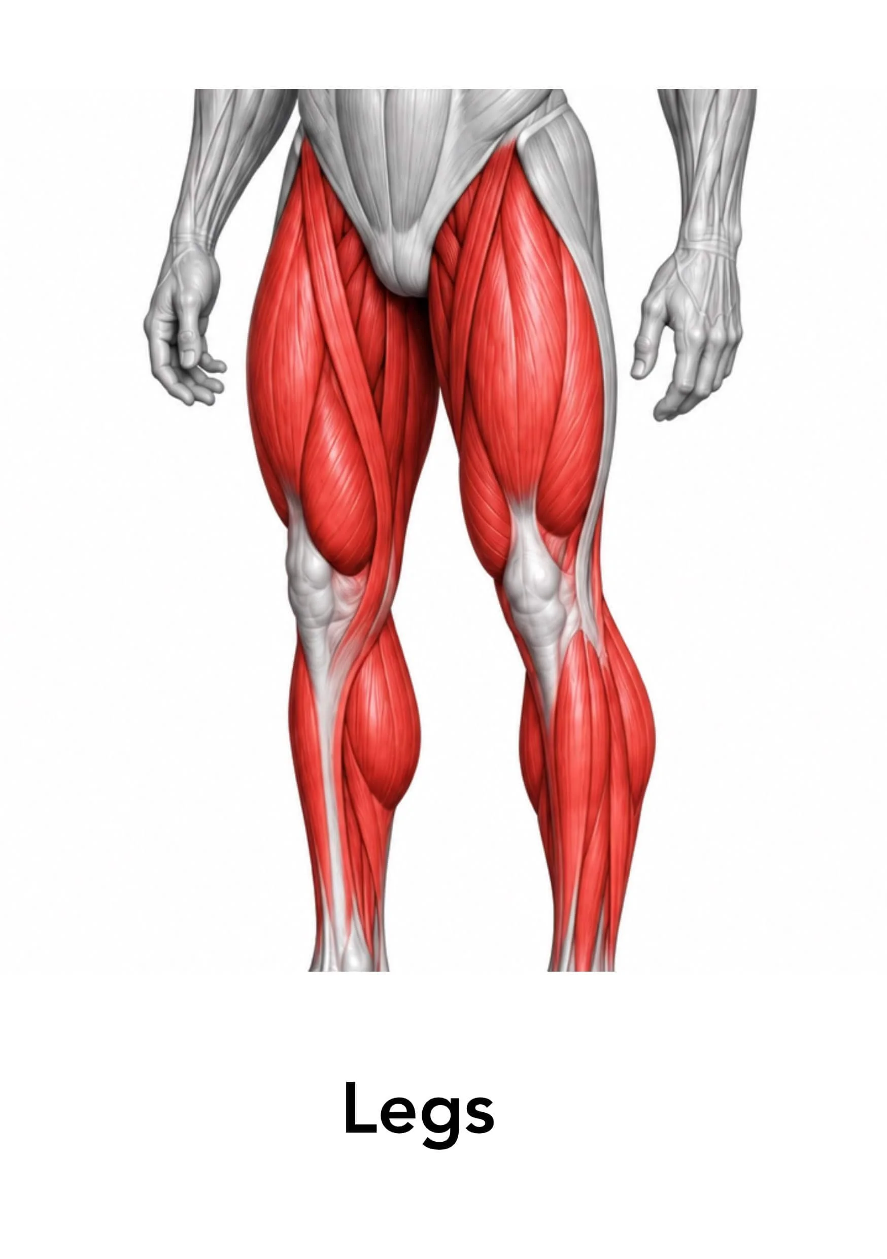 Illustration of human legs showing muscles in red with the word 'Legs' below.