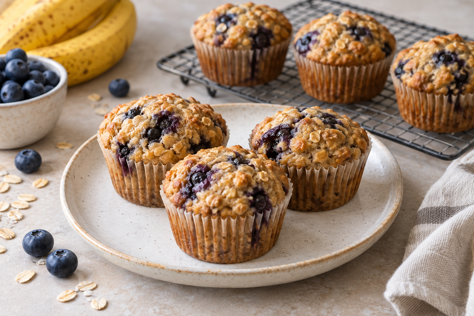 Six banana and blueberry protein muffins on a plate and cooling rack.