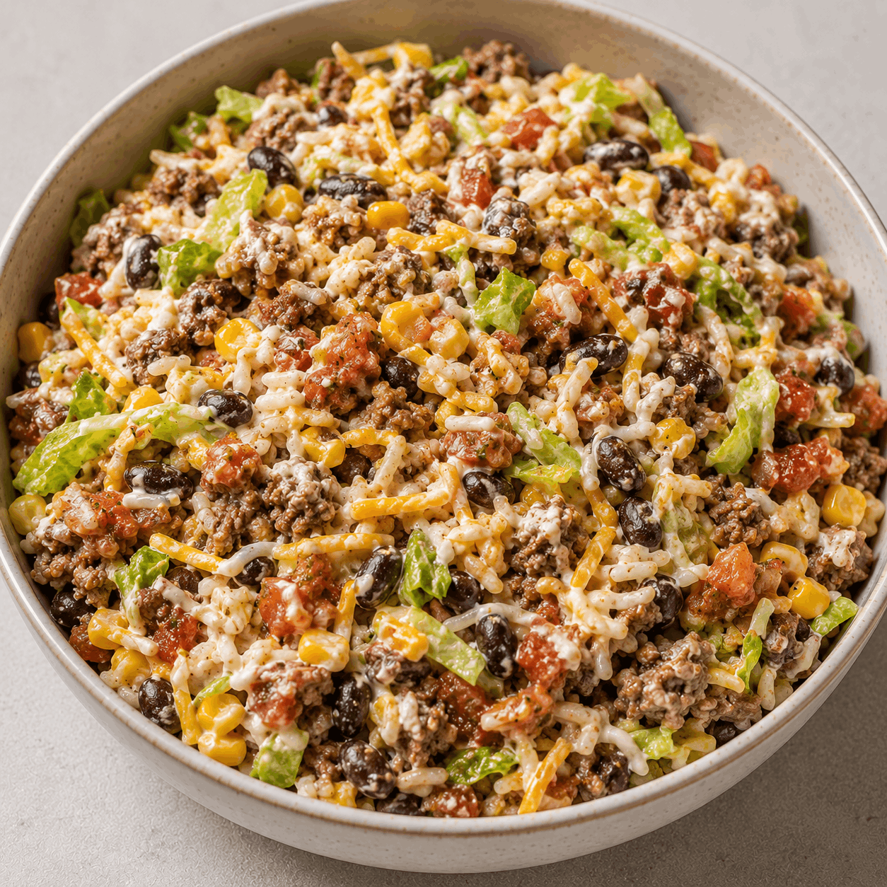 Beef burrito bowl with rice and fresh toppings served as a healthy high-protein meal.
