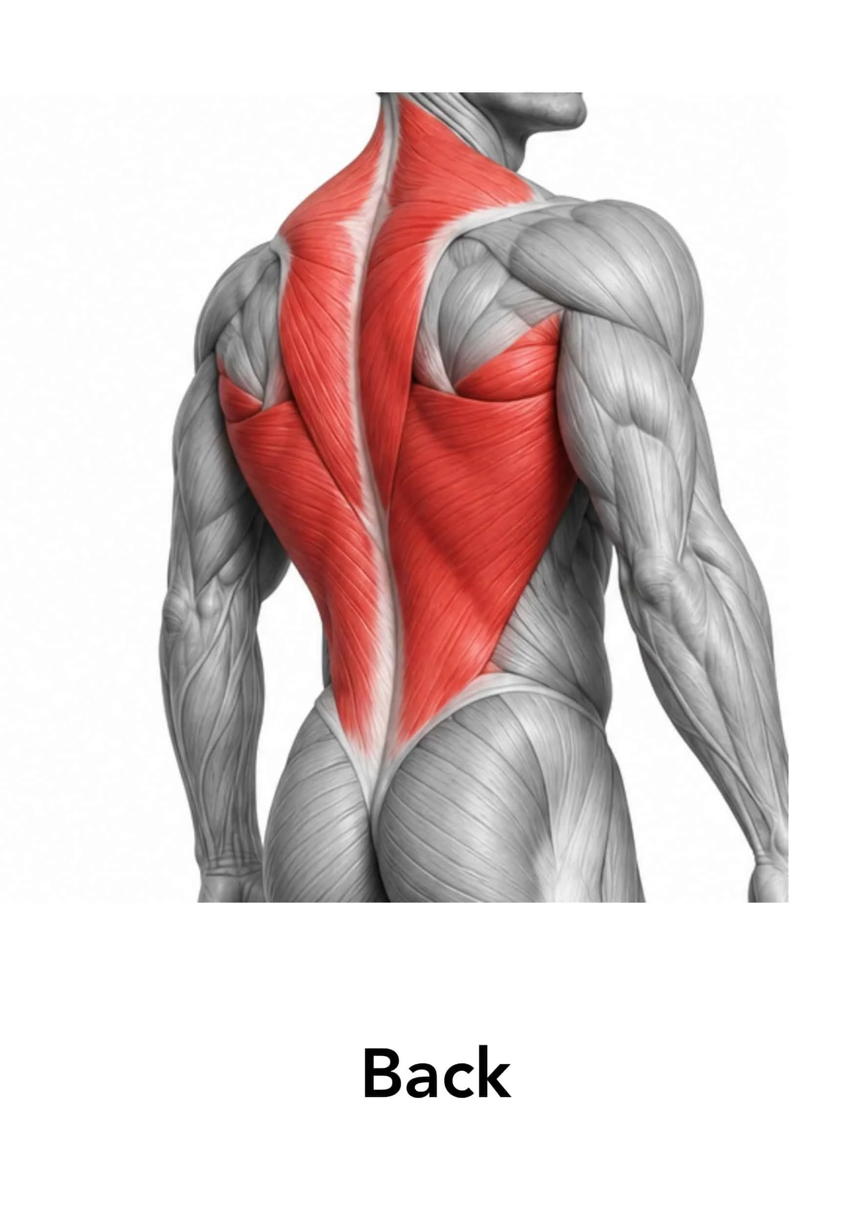 Anatomical illustration of the back muscles, highlighted in red, with parts of the shoulder, neck, and upper arm muscles also visible.