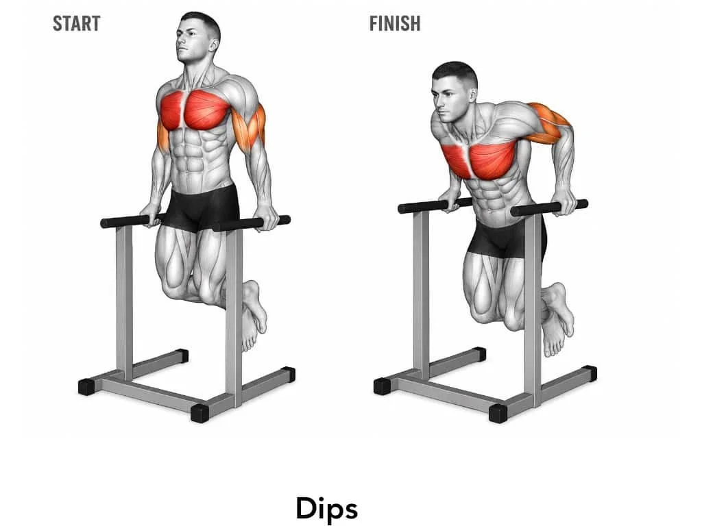 An illustration showing a man performing a dip exercise on parallel bars, with a start position on the left and a finish position on the right, highlighting muscle groups worked.