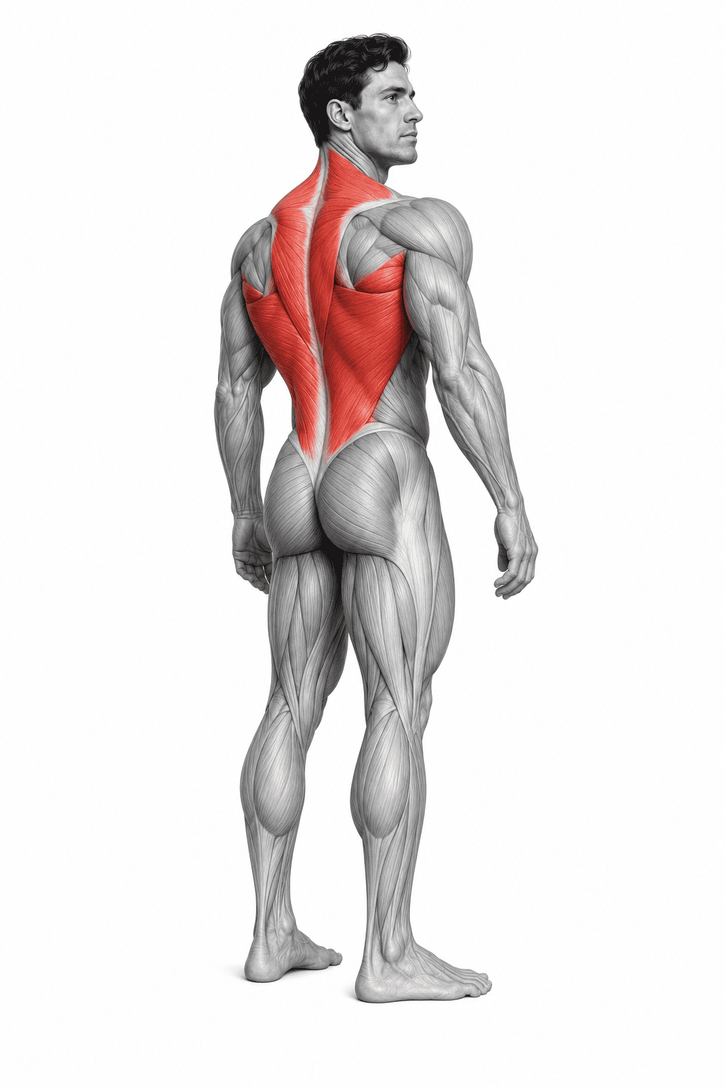 A male human figure with muscles displayed in a pose, highlighting the back muscles in red.