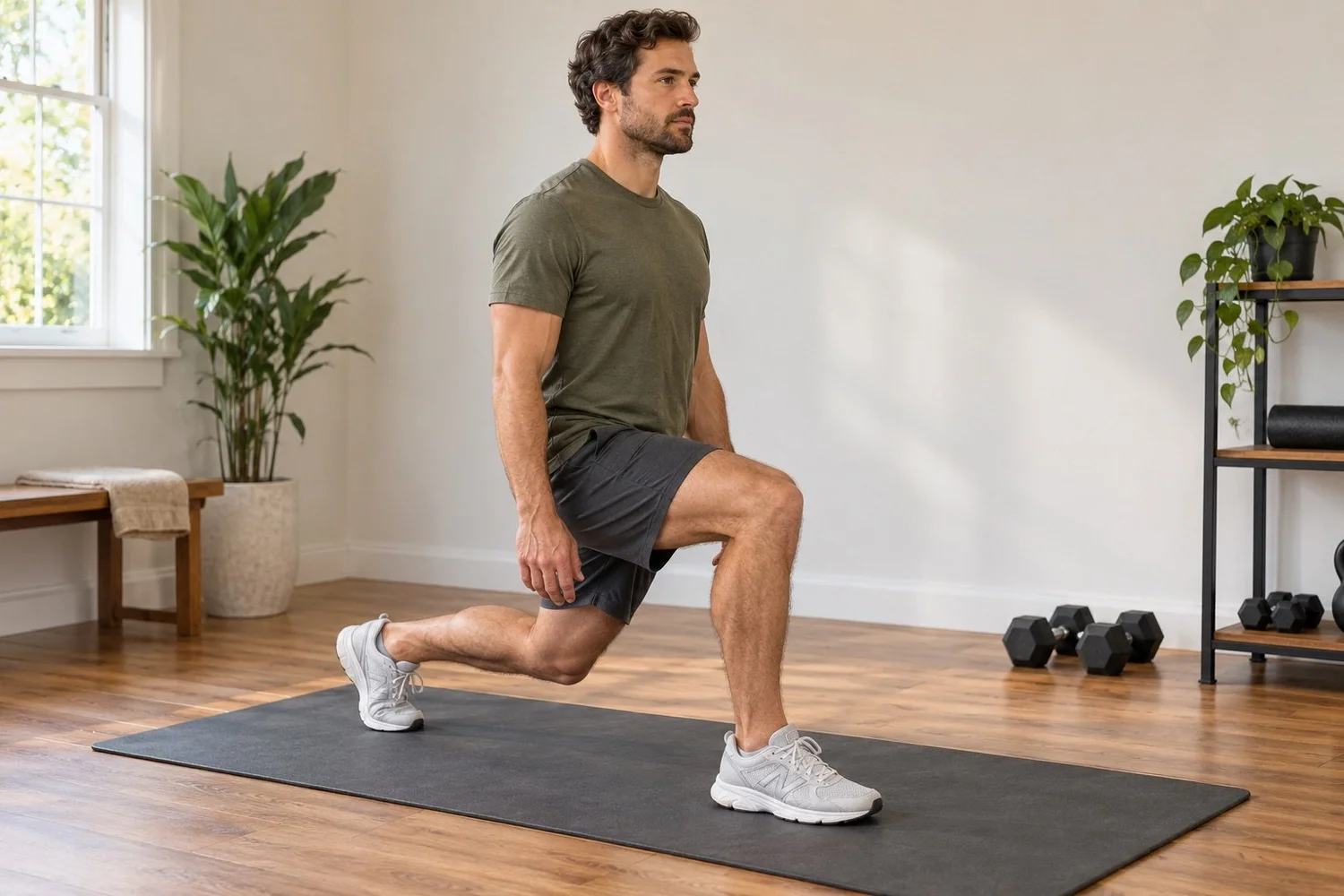 Man performing a bodyweight split squat with both feet on the floor at home