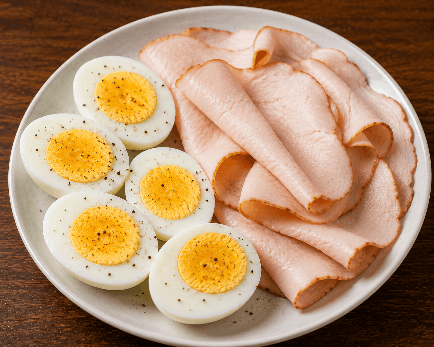 Hard-boiled eggs and lean turkey slices served as a healthy high-protein snack.