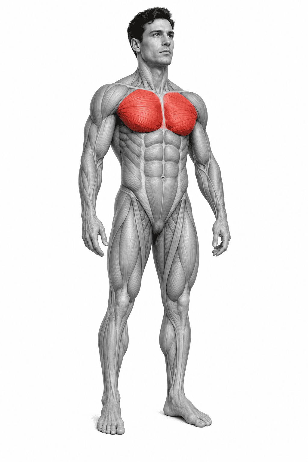 A male human anatomy illustration showing the pectoral muscles highlighted in red.