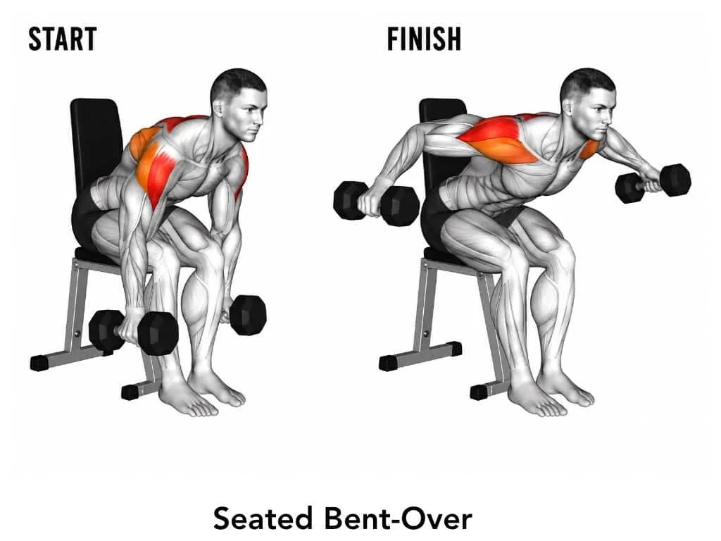 Diagram showing the starting and finishing positions of seated bent-over exercises with dumbbells, highlighting engaged back and shoulder muscles.
