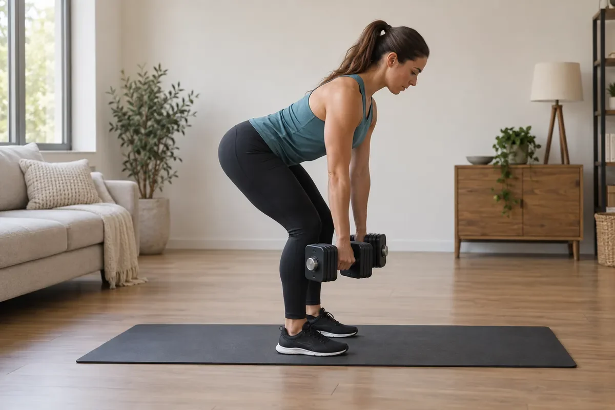 Woman performing a Romanian deadlift with dumbbells held close to her legs.