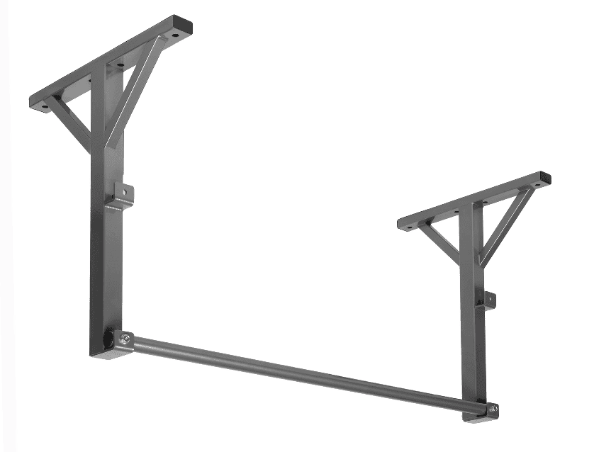 Metal gym pull-up bar with two mounting brackets and a horizontal bar connecting them.