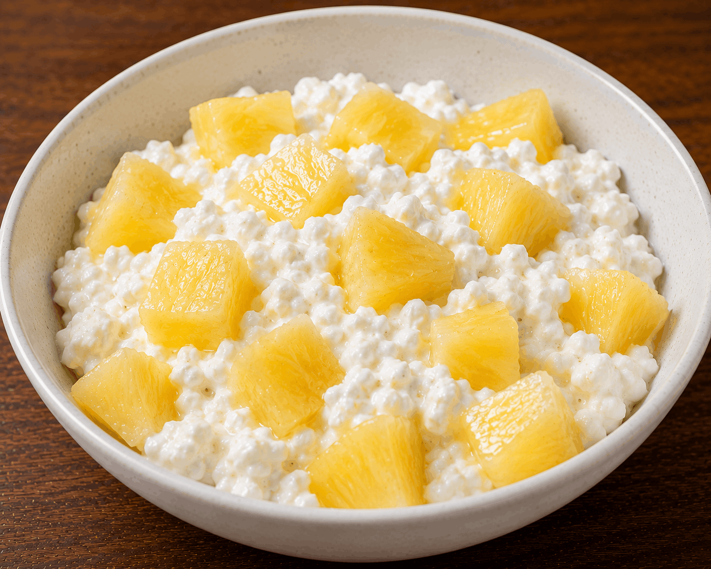 Bowl of cottage cheese topped with pineapple chunks and served as a healthy high-protein snack.