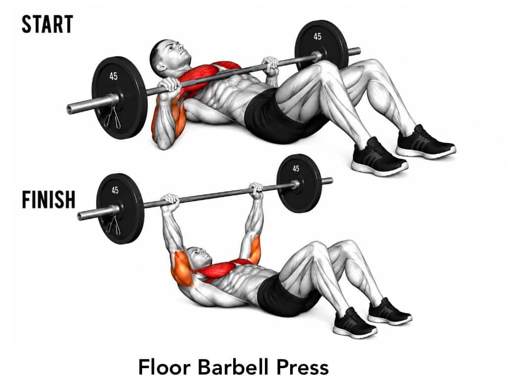 Illustration of a man performing a floor barbell press, showing the starting position at the top with the barbell held above, and the finishing position at the bottom with the barbell lowered to chest level.