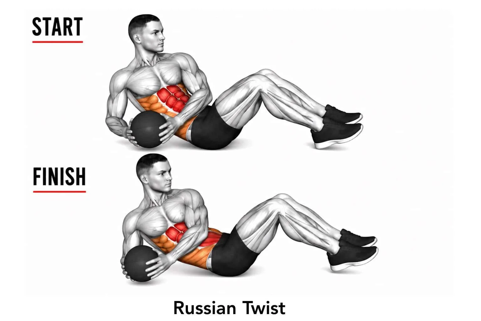 Illustration of a man performing a Russian Twist exercise with a medicine ball, showing start and finish positions, highlighting abdominal muscle engagement.