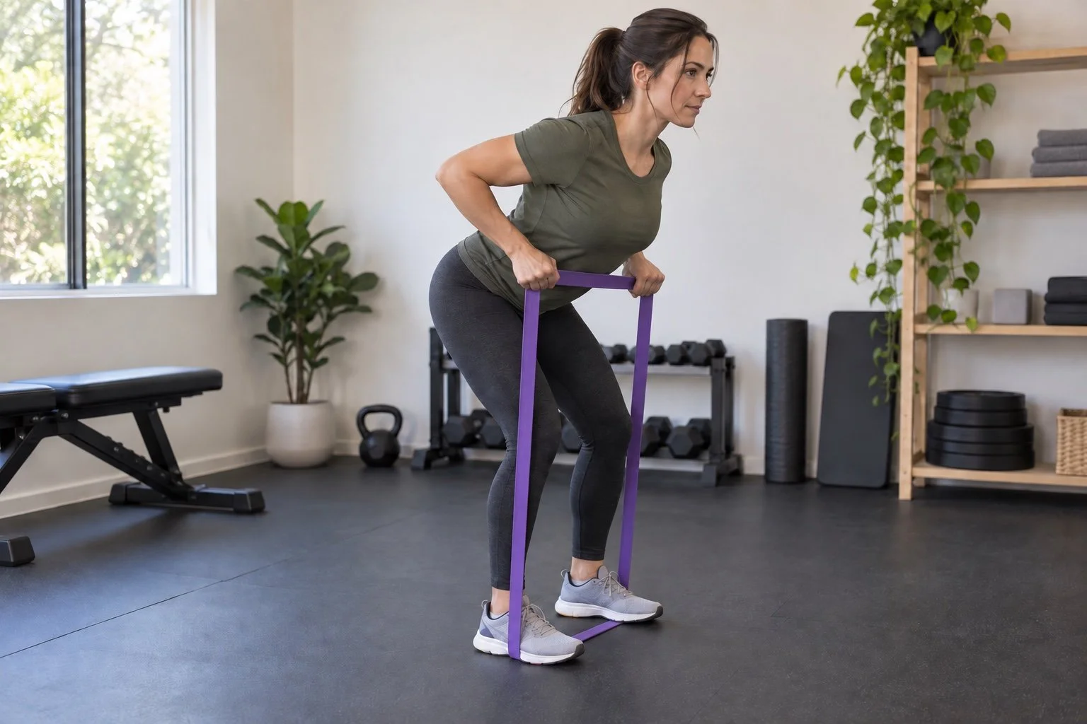 Woman performing a bent-over row with a purple long loop band secured under her feet