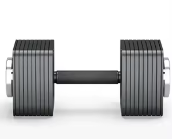 A spin lock/screw-lock dumbbell with multiple weight plates on each side and a central handle.