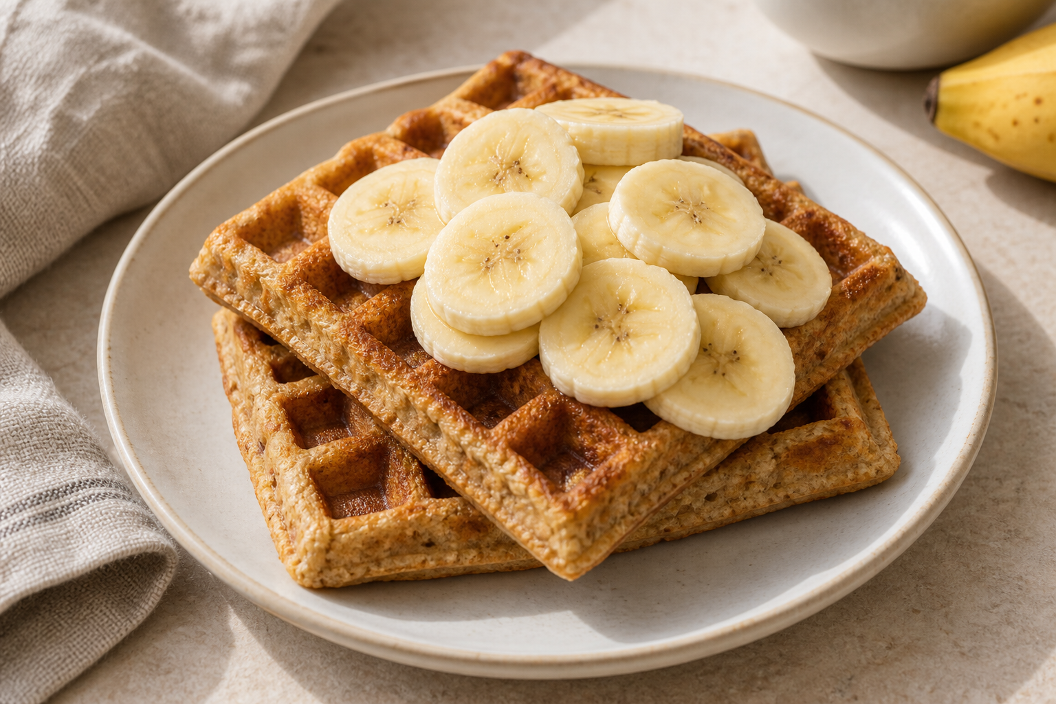 Golden oat protein waffles topped with sliced banana.