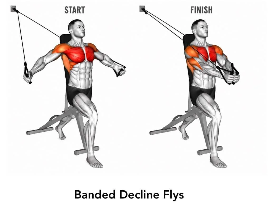 Illustration of a person performing banded decline flys on a workout bench, starting on the left and ending on the right, highlighting chest and arm muscles.