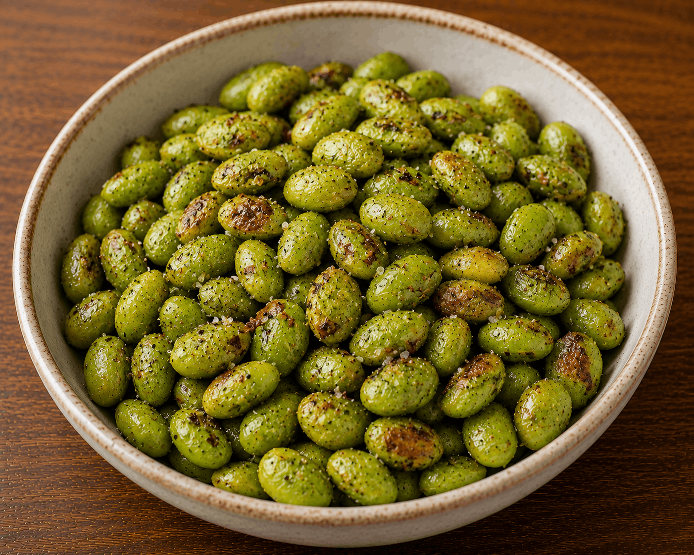 Crunchy roasted edamame served as a healthy high-protein snack.