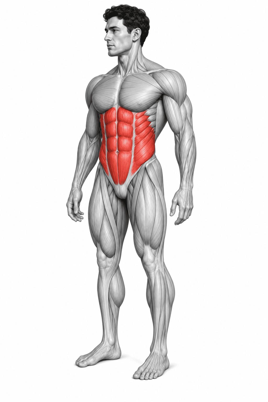 A male human anatomy illustration showing muscles, with the abdominal muscles highlighted in red.