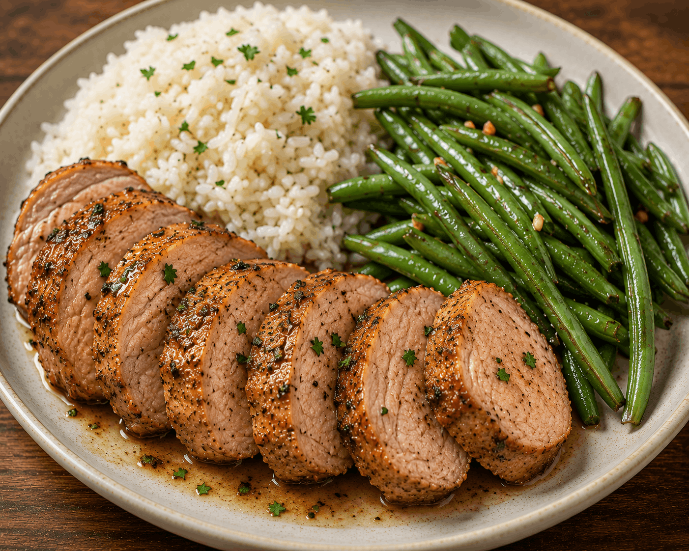 Sliced pork tenderloin served with rice as a healthy high-protein meal.