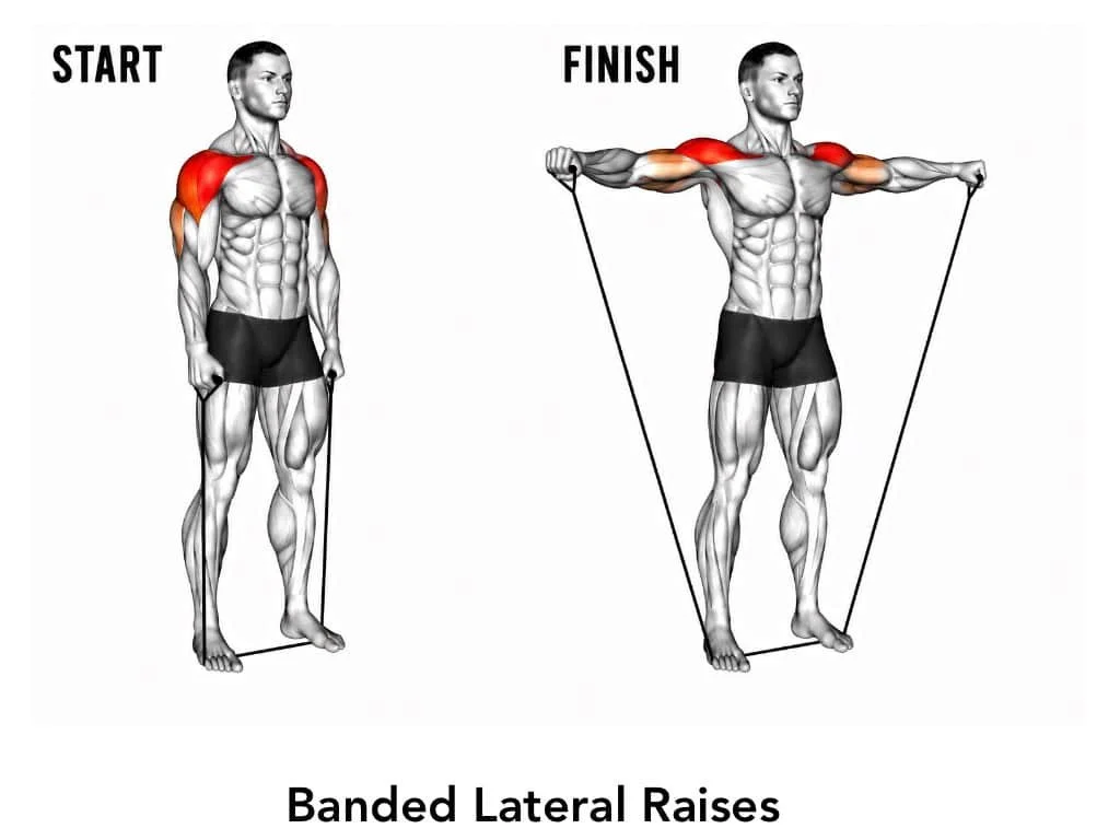 Illustration of a man performing bent lateral raises from start to finish, highlighting shoulder muscles. The start position shows the arms relaxed at sides, and the finish position shows the arms lifted with weights, spreading outward.