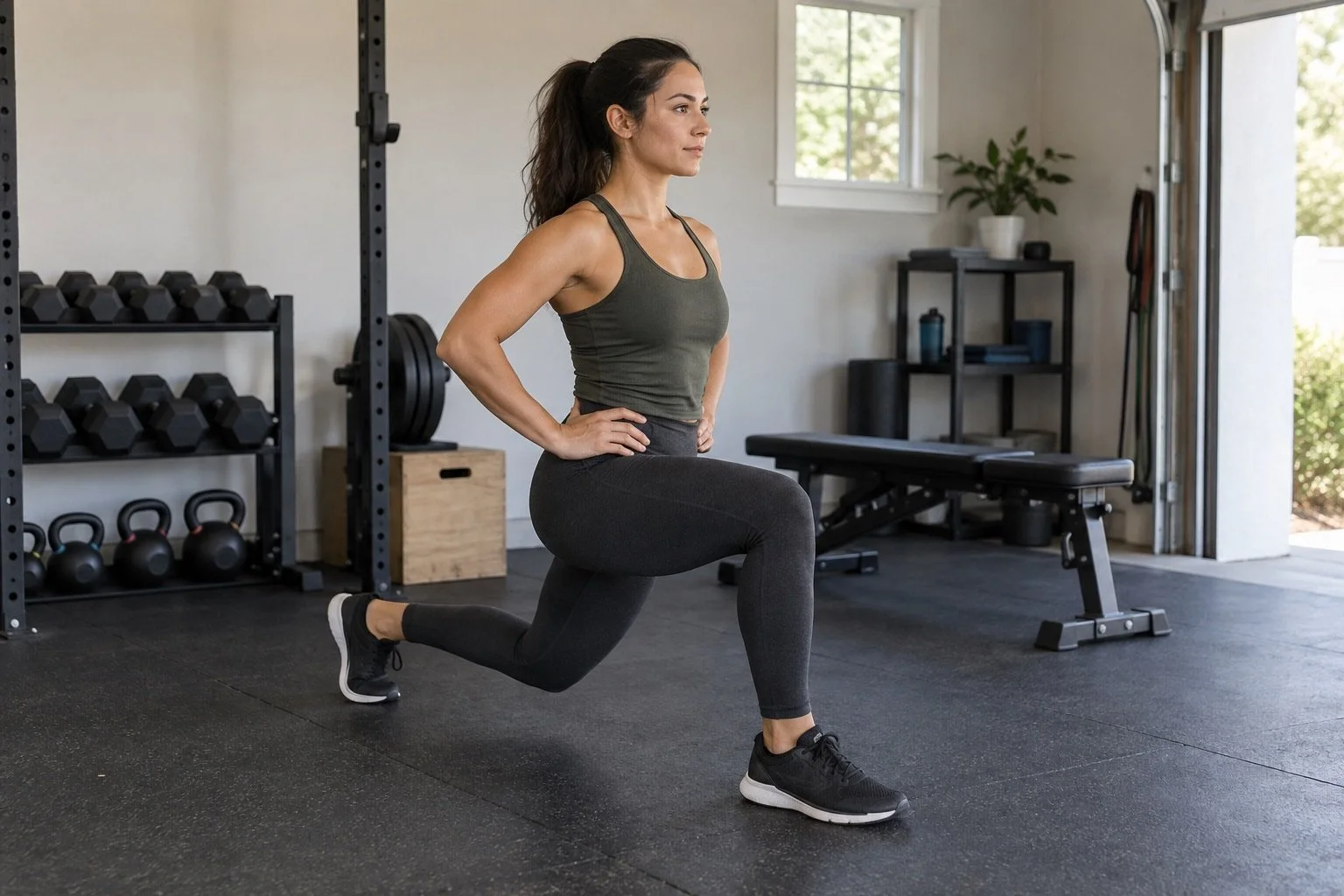 Woman performing a bodyweight reverse lunge on a rubber floor in a home gym.