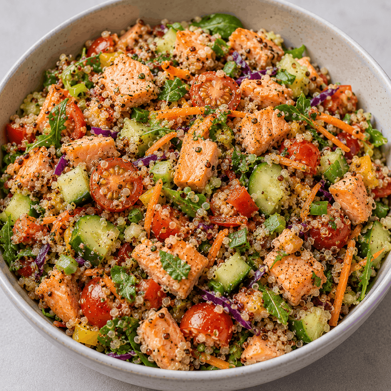 Salmon quinoa bowl with fresh vegetables served as a healthy high-protein meal.