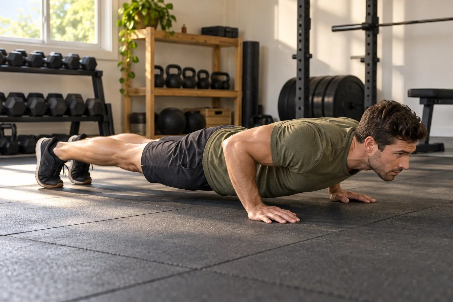 Man performing a push-up on a rubber mat in a home gym