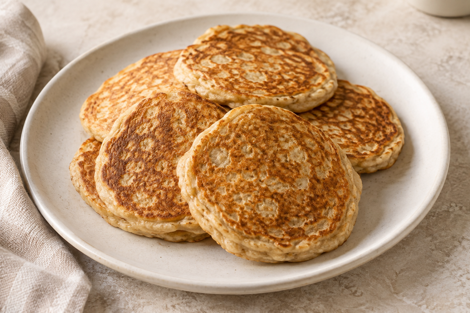 Small golden banana and oat protein pancakes on a ceramic plate.