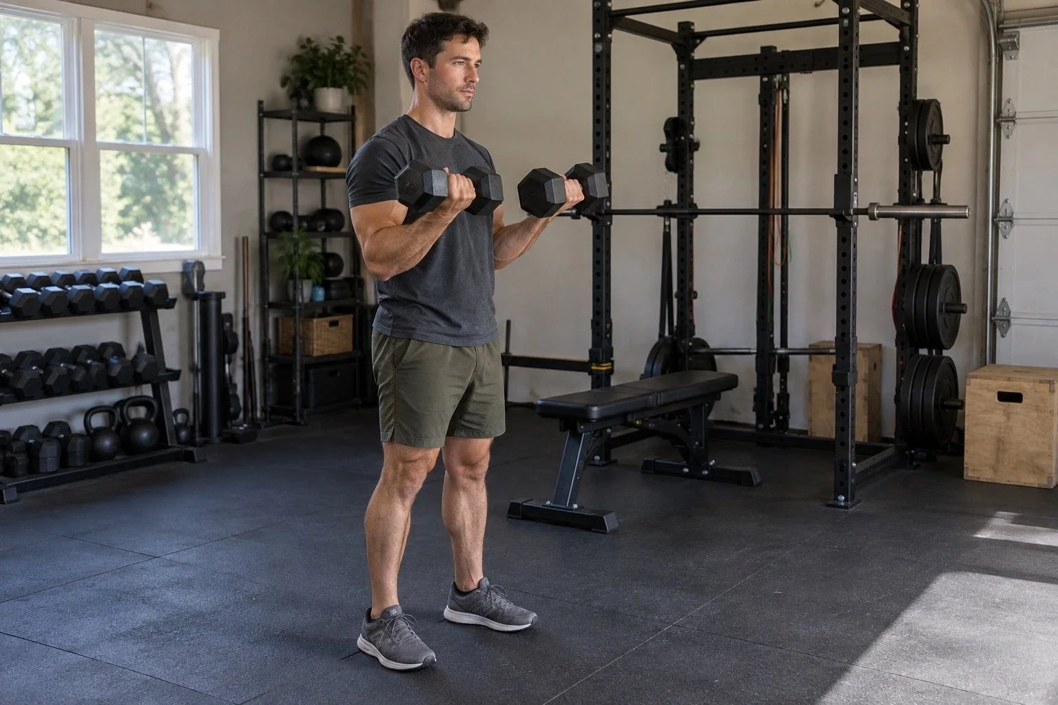 Man performing standing dumbbell curls during an upper-body workout at home.