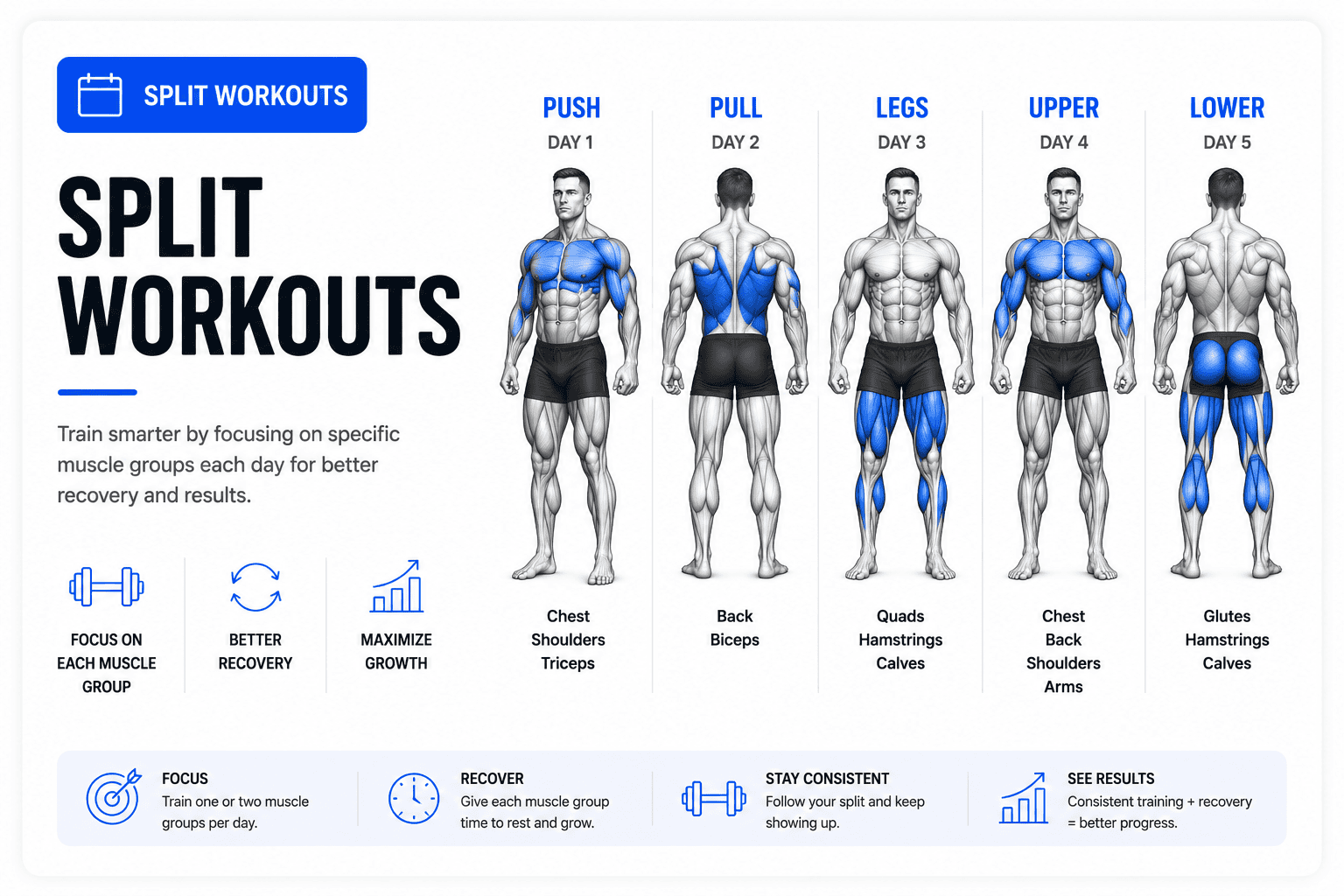A five-day split workout plan with muscle groups highlighted in blue each day: Day 1 chest, shoulders, triceps; Day 2 back, biceps; Day 3 quads, hamstrings, calves; Day 4 chest, back, shoulders, arms; Day 5 glutes, hamstrings, calves.